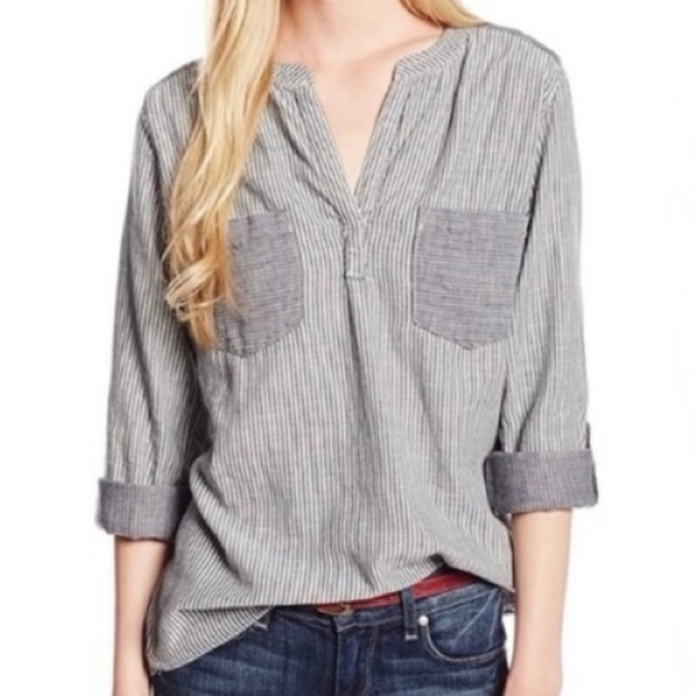 C&C California Blue Striped Chambray Top